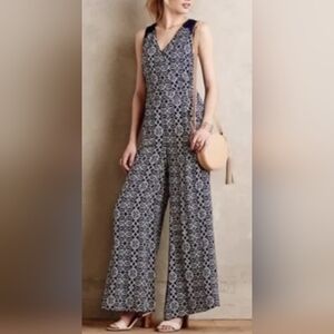 Anthropologie Eleveness Elegant Navy Patterned Jumpsuit